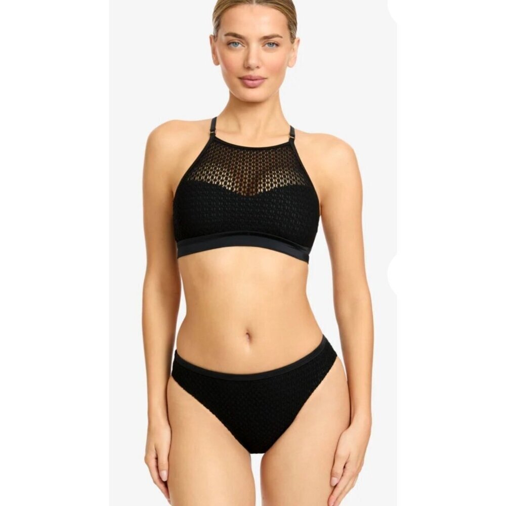 Robin Piccone Black Knit Bikini Set Bandeau Halter Bra Molded Cups Sz M